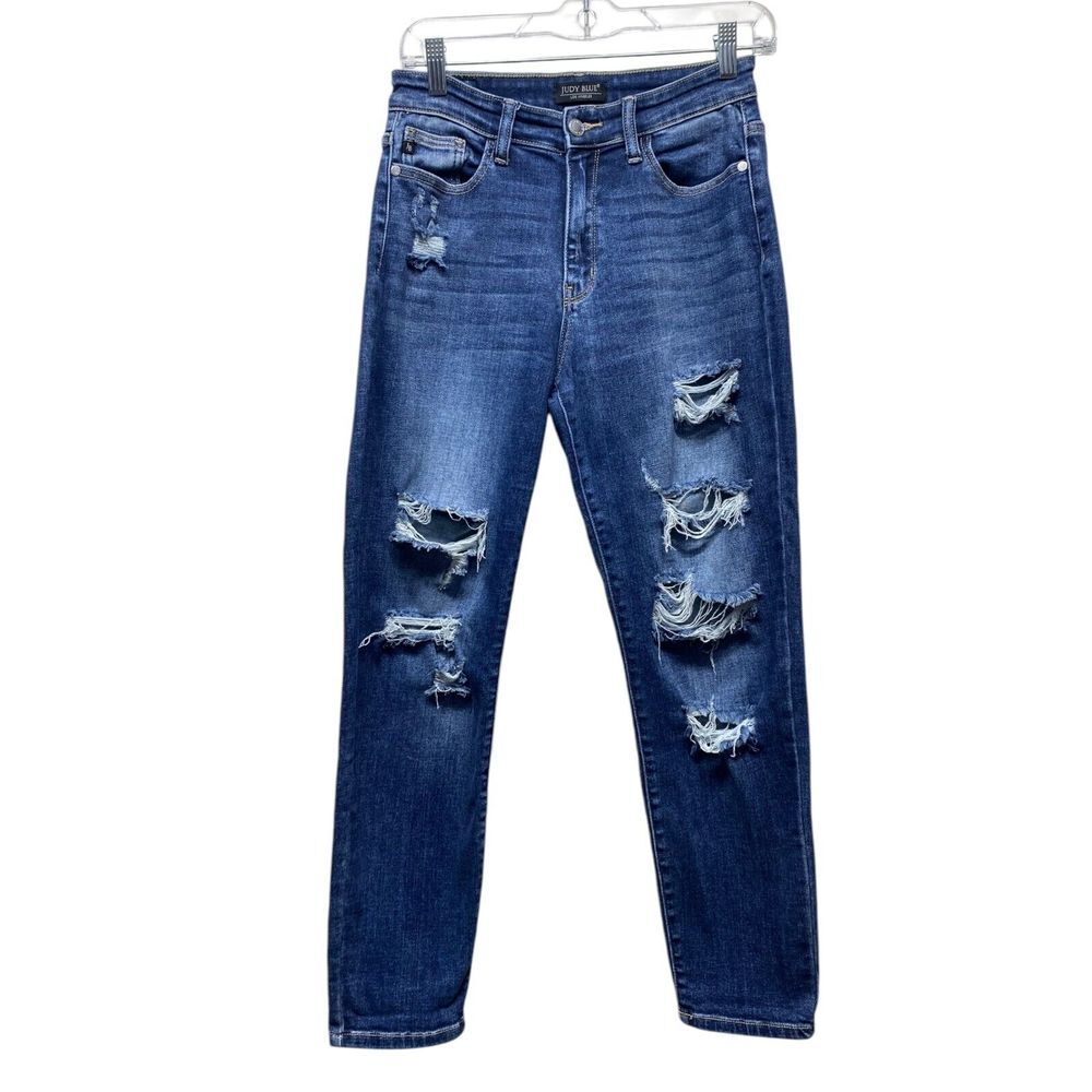 Judy Blue Boyfriend Jeans Women Sz 3/26 Distressed Stretch Denim Blue